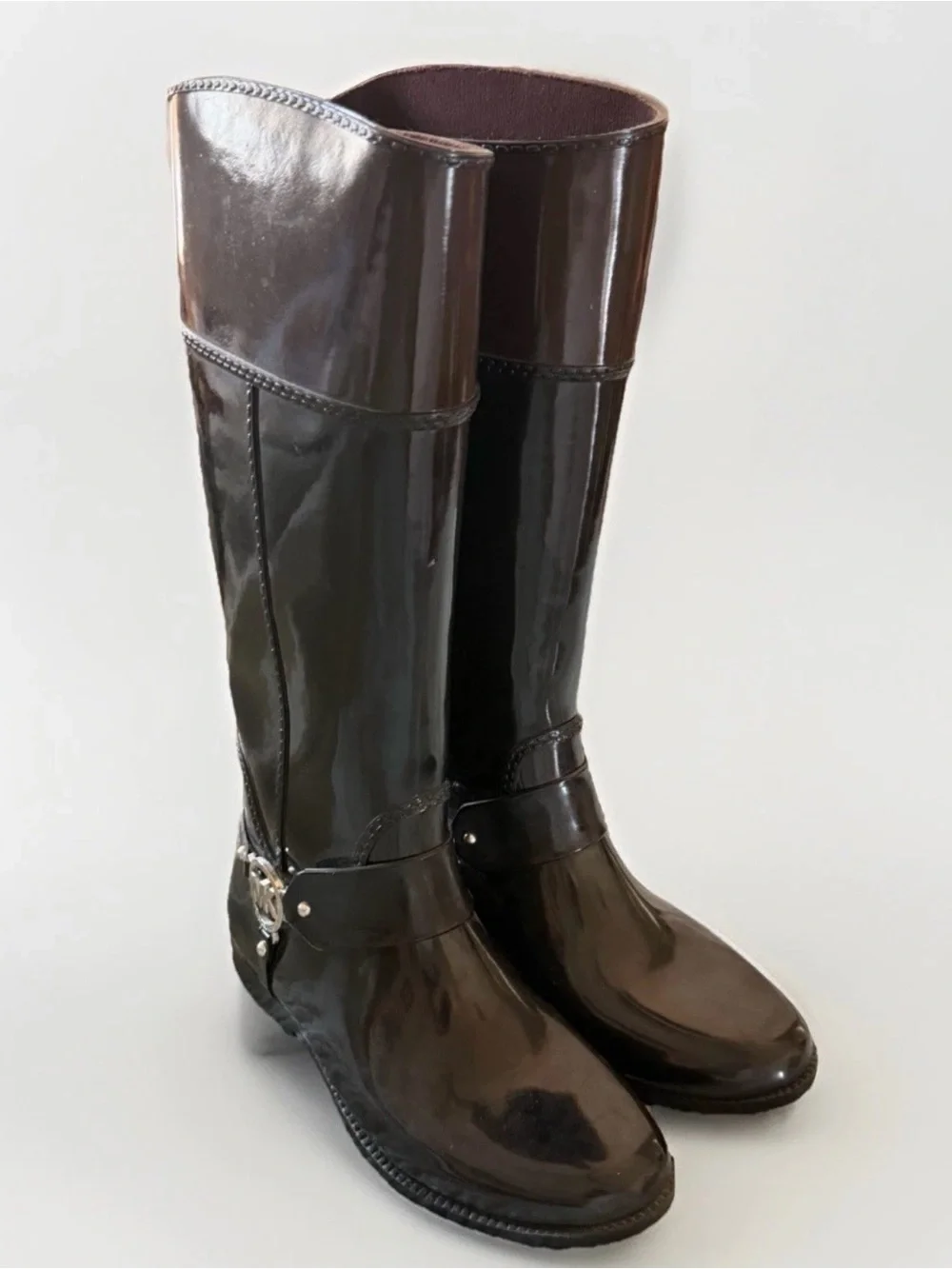 New Michael Kors Fulton Harness Rain Boots Black & Coffee Brown, Size 10!